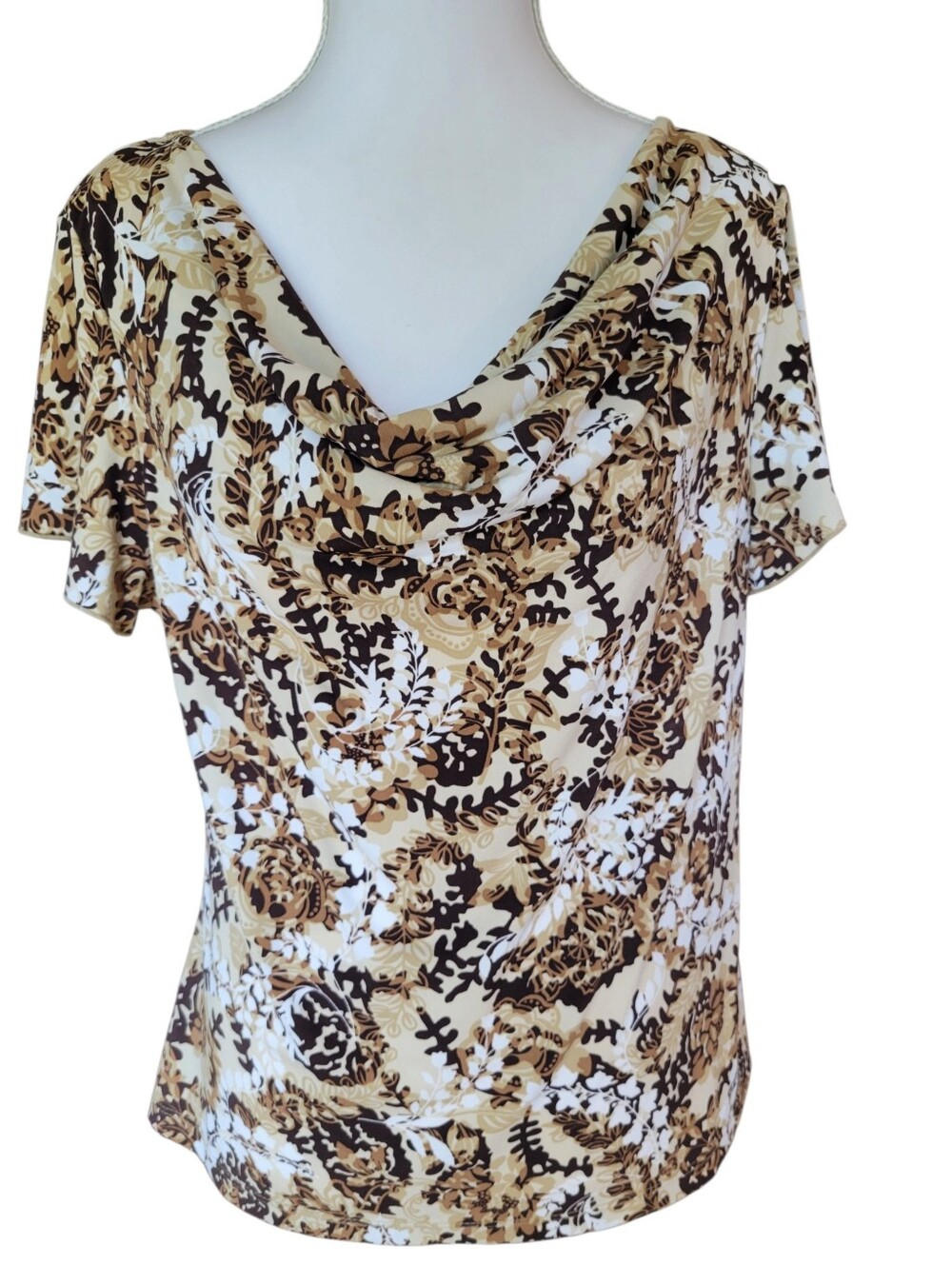 90s Y2K AB Studio Neutral Floral Print Cowl Neck Short Sleeve Blouse